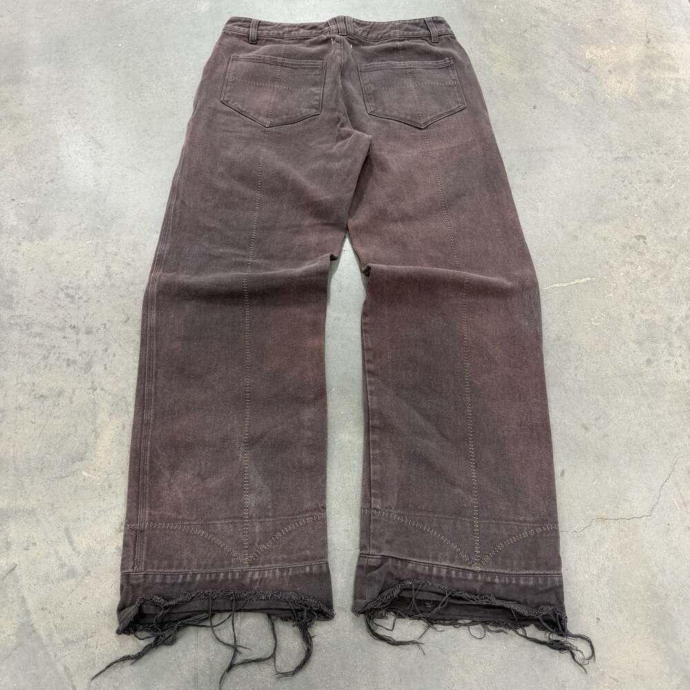 Y2K Brown Distressed Flared Denim Jeans Raw Hem Grunge Wide Leg